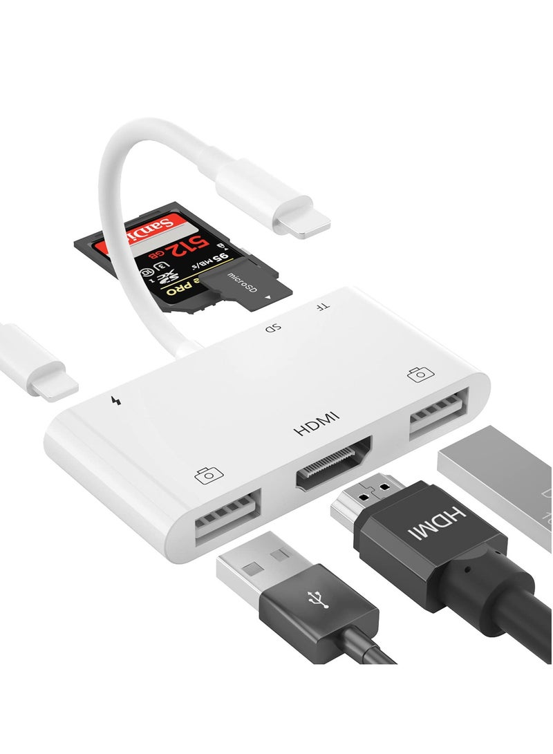 محوّل HDMI OTG، موزع HDMI USB، محوّل رقمي AV من Lightning إلى HDMI 6 في 1، قارئ بطاقة TF SD، محوّل كاميرا USB، متوافق مع توصيل الطاقة مع الهاتف والباد، يدعم لوحة مفاتيح MIDI، جهاز عرض - Image 1