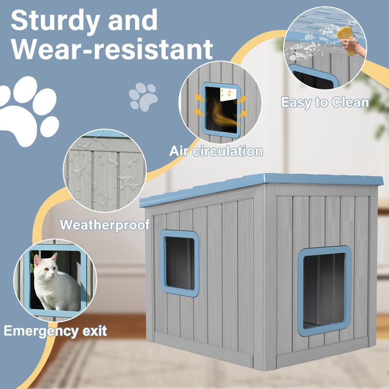 LHBcraft Outdoor Cat House Weatherproof, Clawsable Cat Houses for Outdoor Indoor Cats, Feral Cat House Shelter, Resin Insulated Material, Emergency Exit Easy to Clean and Install, Blue - Image 2
