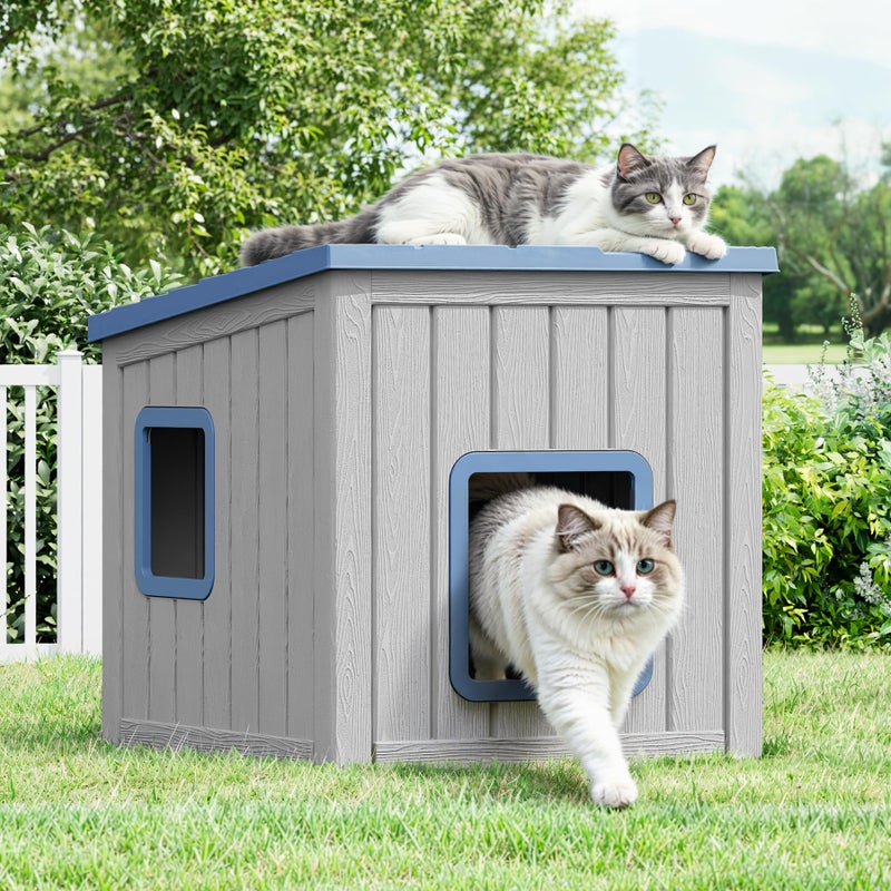 LHBcraft Outdoor Cat House Weatherproof, Clawsable Cat Houses for Outdoor Indoor Cats, Feral Cat House Shelter, Resin Insulated Material, Emergency Exit Easy to Clean and Install, Blue - Image 1