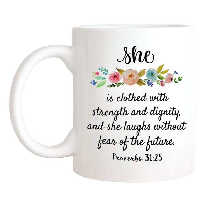 VIGAT CrossLove Proverbs 31 25 Mug Christian Mug for Her Women Mother Bible Verse Mug Scripture Mug She is Clothed in Strength and Dignity Mug