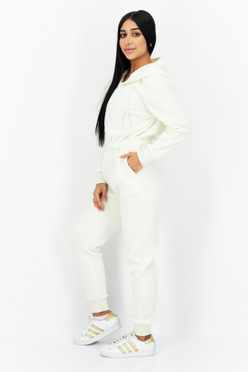 Weworewhat Women Textured Long Sleeve Hooded Jumpsuit, Ivory - Image 3