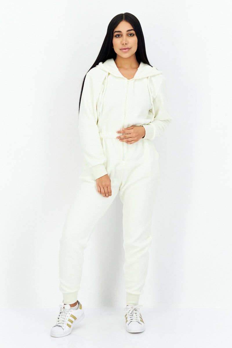 Weworewhat Women Textured Long Sleeve Hooded Jumpsuit, Ivory - Image 1