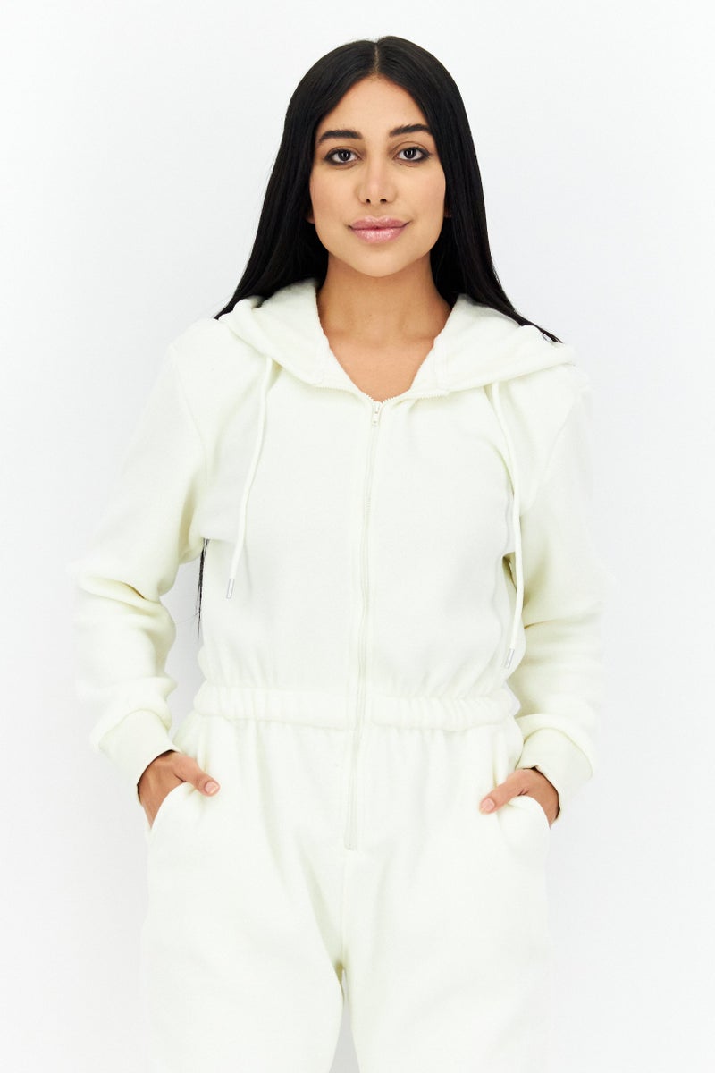 Weworewhat Women Textured Long Sleeve Hooded Jumpsuit, Ivory - Image 4