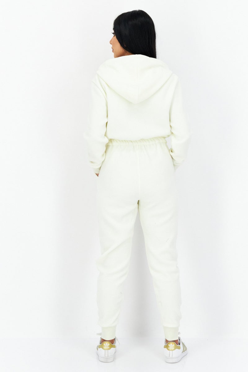 Weworewhat Women Textured Long Sleeve Hooded Jumpsuit, Ivory - Image 2