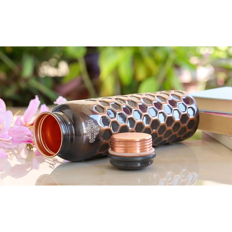 INDIAN ART VILLA INDIAN ART VILLA Pure Copper Water Bottle with Antique Dark Honeycomb Design Drinkware Storage Purpose Volume900 ML  - Image 5