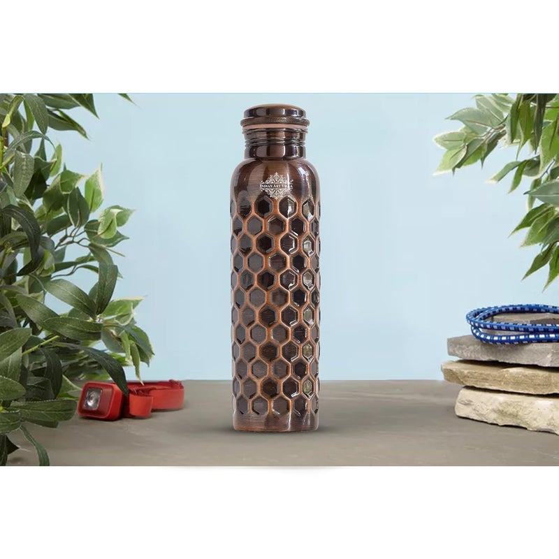 INDIAN ART VILLA INDIAN ART VILLA Pure Copper Water Bottle with Antique Dark Honeycomb Design Drinkware Storage Purpose Volume900 ML  - Image 3