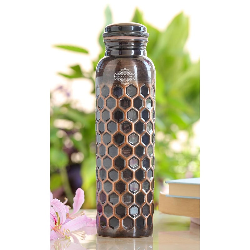 INDIAN ART VILLA INDIAN ART VILLA Pure Copper Water Bottle with Antique Dark Honeycomb Design Drinkware Storage Purpose Volume900 ML  - Image 2