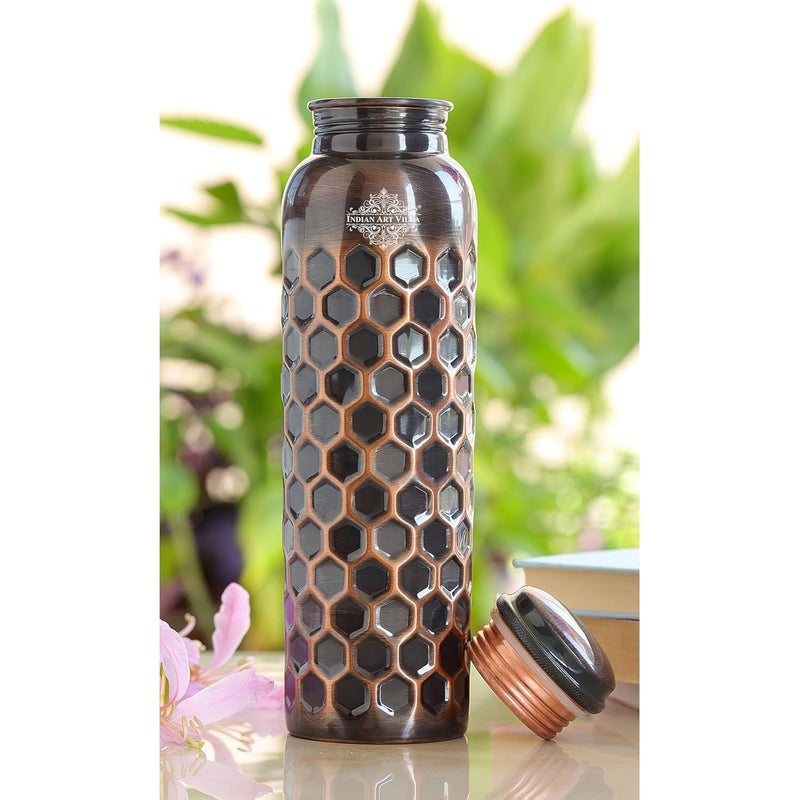 INDIAN ART VILLA INDIAN ART VILLA Pure Copper Water Bottle with Antique Dark Honeycomb Design Drinkware Storage Purpose Volume900 ML  - Image 4
