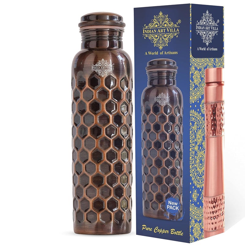 INDIAN ART VILLA INDIAN ART VILLA Pure Copper Water Bottle with Antique Dark Honeycomb Design Drinkware Storage Purpose Volume900 ML  - Image 1