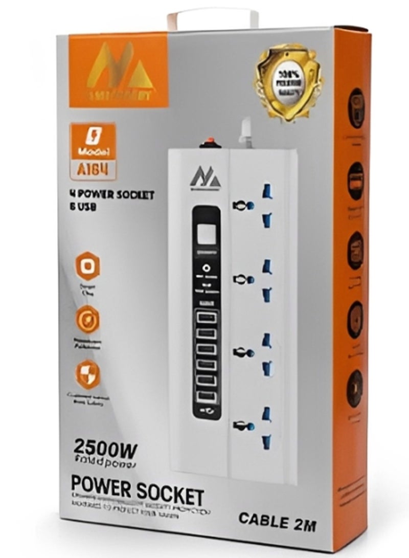 ELMAGHRABY A164 Power Strip 2500W, Premium Quality Extension Socket with 4 Universal Outlets, 6 USB , Overload Protection Switch, 2M, 850°C Anti Flaming, Multi Safety Power Socket for Home & Office Use - Image 2