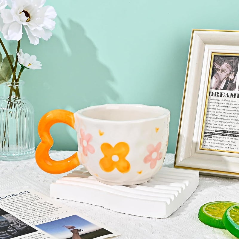 Koythin Ceramic Coffee Mug Cute Creative Heart Handle Mug Design for Home and Office Dishwasher and Microwave Safe 105 oz300 ml for Latte Tea Milk Orange Flower - Image 3