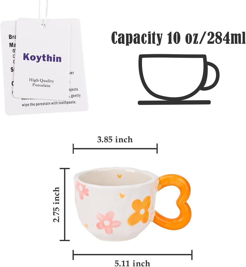 Koythin Ceramic Coffee Mug Cute Creative Heart Handle Mug Design for Home and Office Dishwasher and Microwave Safe 105 oz300 ml for Latte Tea Milk Orange Flower - Image 2