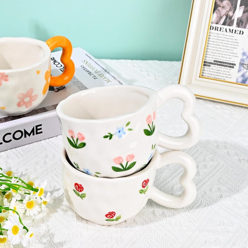 Koythin Ceramic Coffee Mug Cute Creative Heart Handle Mug Design for Home and Office Dishwasher and Microwave Safe 105 oz300 ml for Latte Tea Milk Orange Flower - Image 4
