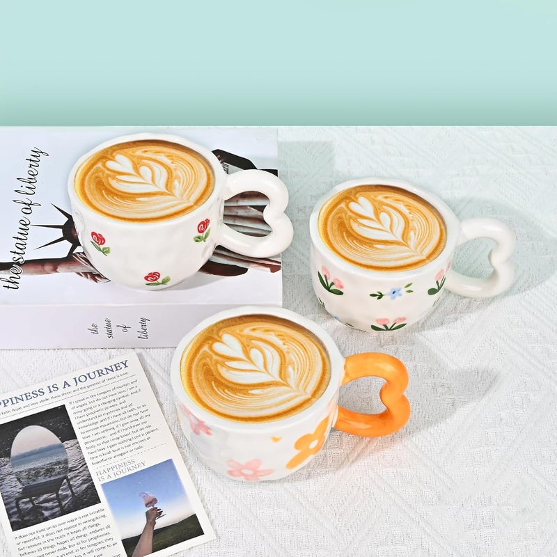 Koythin Ceramic Coffee Mug Cute Creative Heart Handle Mug Design for Home and Office Dishwasher and Microwave Safe 105 oz300 ml for Latte Tea Milk Orange Flower - Image 5