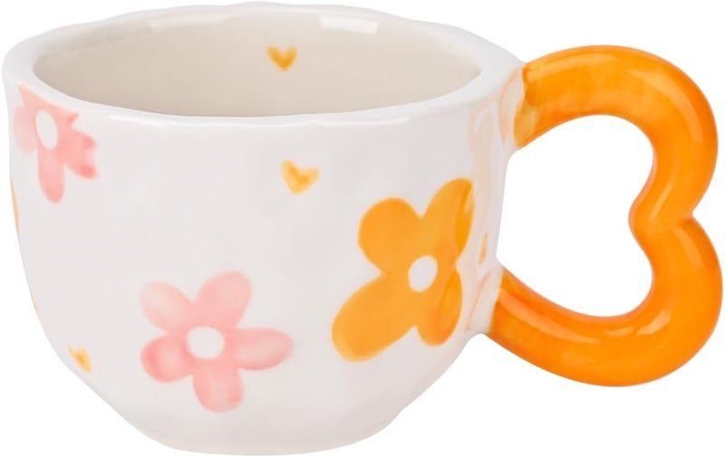 Koythin Ceramic Coffee Mug Cute Creative Heart Handle Mug Design for Home and Office Dishwasher and Microwave Safe 105 oz300 ml for Latte Tea Milk Orange Flower - Image 1