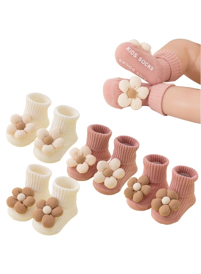 4 Pairs Toddler Flower Socks with Non-Slip Grippers for Baby Boys and Girls,M(1-3Y) - Image 1