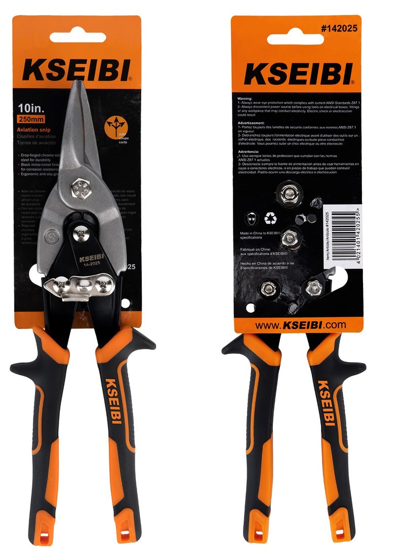 KSEIBI - Aviation Snips Left, 10" 250MM, CR-V Steel Heavy Duty Tin Snips with Visible Cutting Length, Comfort Grips, for Cutting Metal Sheet, Aluminum, Wire Mesh, Leather, Copper, Plastic, Plumbing and Pipe Fitting. - Image 1