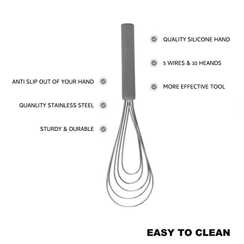 Jell-Cell Flat Whisk Silicone Handle Non Slip 10" - 5 Wires Whisk with 10 Heads for Kitchen Cooking by Jell-Cell (Grey) - Image 4