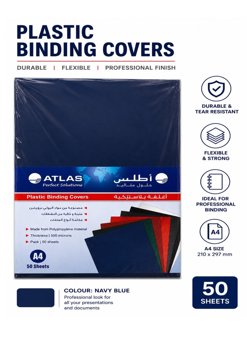 ATLAS 50-Piece A4 Size Plastic Binding Covers Navy Blue - Image 1