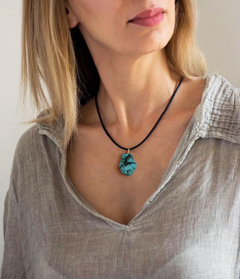 POTESSA Natural Turquoise Pendant Necklace Genuine Leather Cord Boho Stone Choker Necklace Handmade Gift Jewelry for Men Women - Image 3