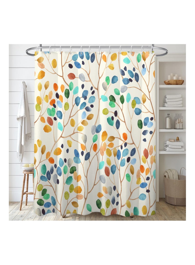 Colorful Leaves Spots on Branches Shower Curtain Sets, Abstract Ivory Color Background Bathroom Curtains, Modern Minimalist Bath Curtain, Waterproof Fabric with 12 Hooks 72x72 Inches - Image 1