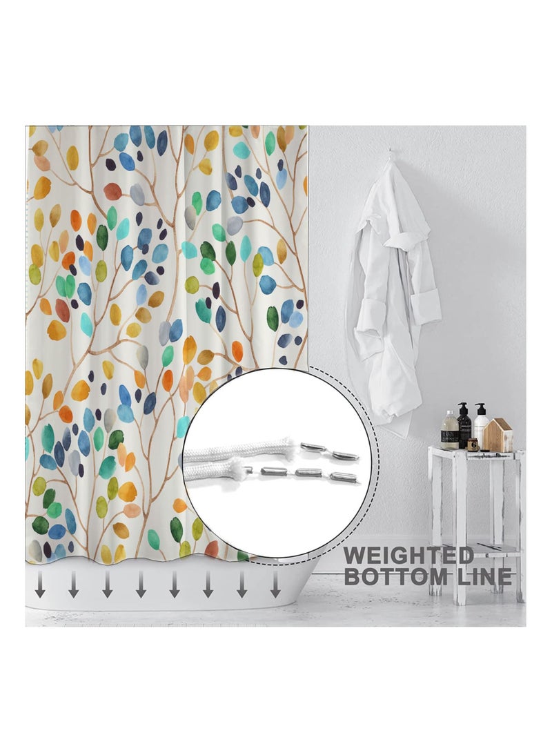 Colorful Leaves Spots on Branches Shower Curtain Sets, Abstract Ivory Color Background Bathroom Curtains, Modern Minimalist Bath Curtain, Waterproof Fabric with 12 Hooks 72x72 Inches - Image 4