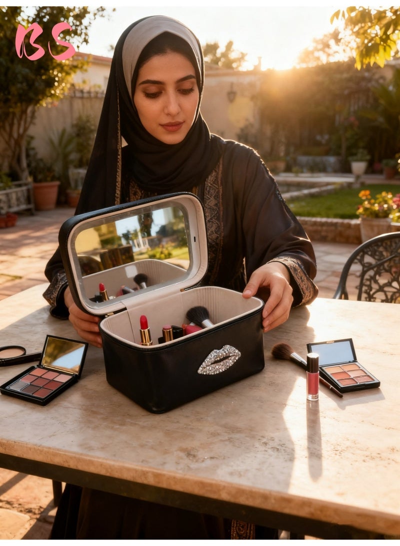 بي إس حقيبة مكياج مزودة بإضاءة LED ومرآة | إضاءة بثلاثة ألوان قابلة للتعديل | مادة PU مقاومة للماء | وظيفة توفير الطاقة | صندوق تخزين مستحضرات تجميل بسعة كبيرة | صندوق تخزين لأدوات وإكسسوارات المكياج النسائية | مناسبة للسفر والاستخدام المنزلي | حقيبة تخزين محمولة - Image 2