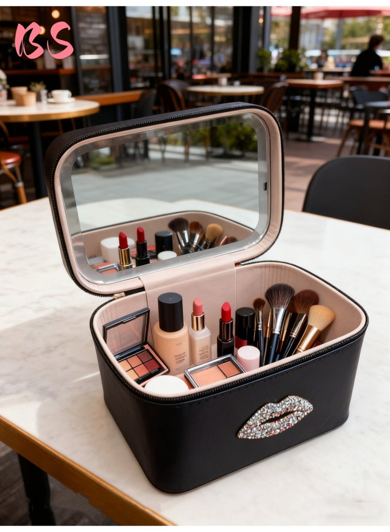 بي إس حقيبة مكياج مزودة بإضاءة LED ومرآة | إضاءة بثلاثة ألوان قابلة للتعديل | مادة PU مقاومة للماء | وظيفة توفير الطاقة | صندوق تخزين مستحضرات تجميل بسعة كبيرة | صندوق تخزين لأدوات وإكسسوارات المكياج النسائية | مناسبة للسفر والاستخدام المنزلي | حقيبة تخزين محمولة - Image 4