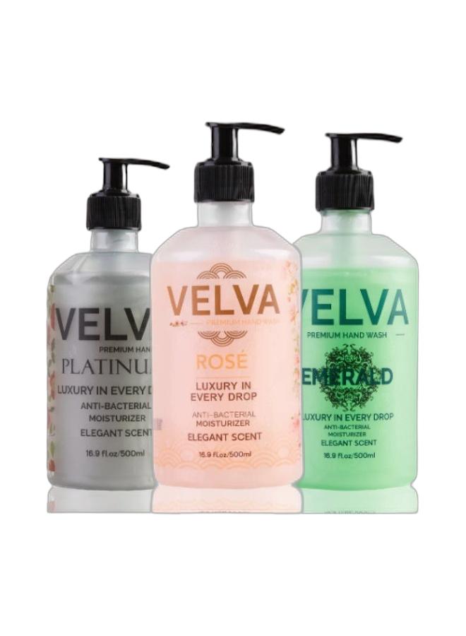 VELVA Premium hand wash rose - 500 ml & Premium hand wash Emerald - 500 ml & Premium hand wash platinum - 500mlBundle - Image 1