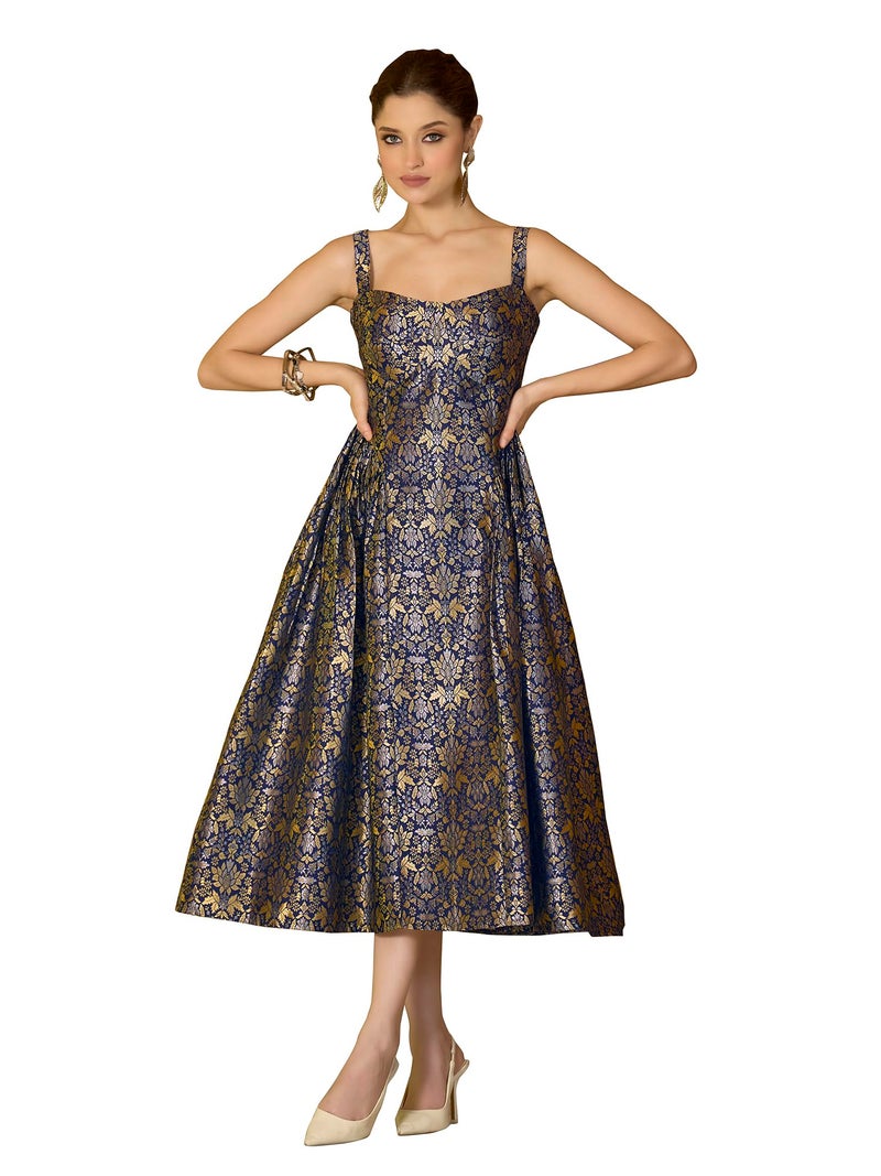 PURVAJA Women's Fit & Flare Midi Sleeveless Sweetheart Neck Emblished Dress(Floe-345-N-Blue-XL) - Image 1