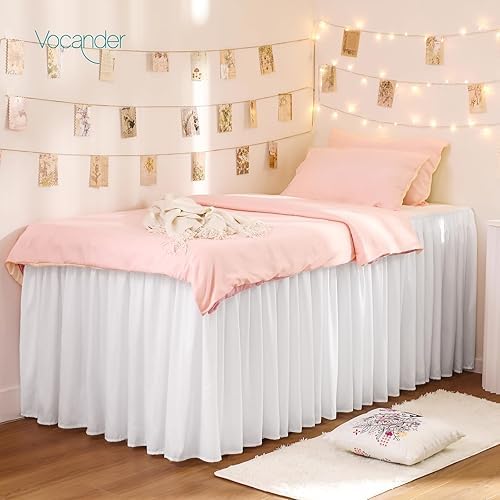 Vocander Dorm Bed Skirt Twin XL 36 Inch Drop Extra Long Bedskirt Easy to Put On Elastic Wrap Around Dust Ruffle Microfiber Fabric Machine Washable White Twin Size