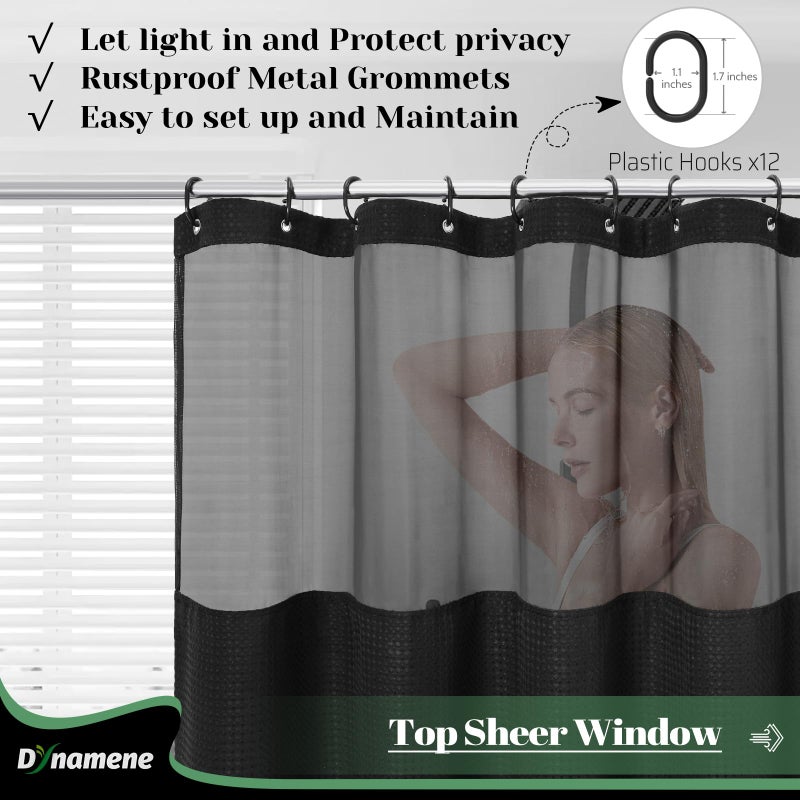 Dynamene Fabric Shower Curtain with Snap in Liner  Black Waffle Hotel Shower Curtains for Bathroom  Washable Waterproof Cloth Shower Curtain Liner Set with Plastic Hooks  Mesh Top Window  72x72 - Image 3