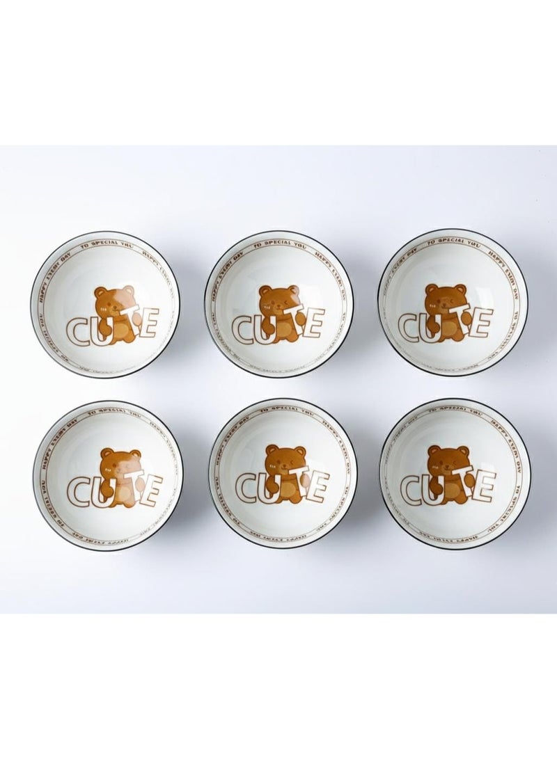 6-piece ceramic bowl set with a bear design, 11 cm diameter, 5 cm height. Suitable for soup, cereal, and small salad bowls. - Image 1