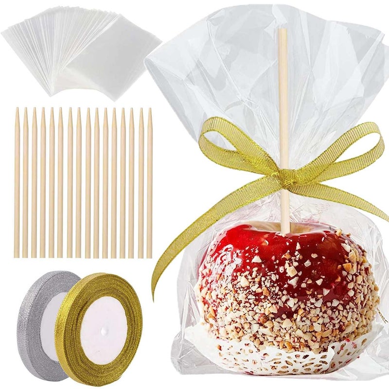 YESTOO 200 Pack Candy Apple Caramel Apple Sticks and Bags,100 Bags,100 Sticks, 50 Yard Gold and Silver Glitter Ribbon Caramel Apple Making kit - Image 1