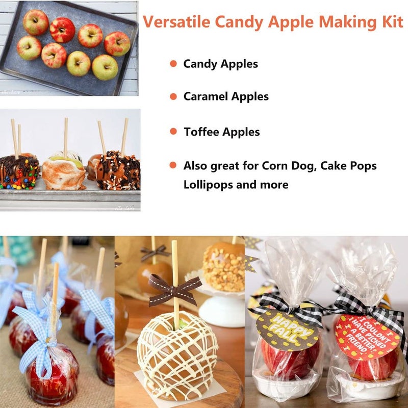 YESTOO 200 Pack Candy Apple Caramel Apple Sticks and Bags,100 Bags,100 Sticks, 50 Yard Gold and Silver Glitter Ribbon Caramel Apple Making kit - Image 3