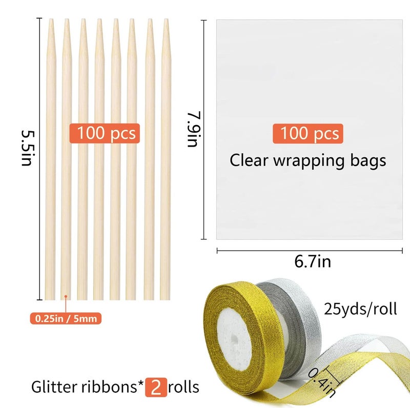YESTOO 200 Pack Candy Apple Caramel Apple Sticks and Bags,100 Bags,100 Sticks, 50 Yard Gold and Silver Glitter Ribbon Caramel Apple Making kit - Image 2