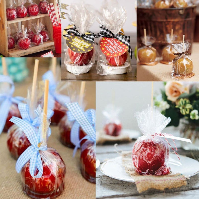 YESTOO 200 Pack Candy Apple Caramel Apple Sticks and Bags,100 Bags,100 Sticks, 50 Yard Gold and Silver Glitter Ribbon Caramel Apple Making kit - Image 4