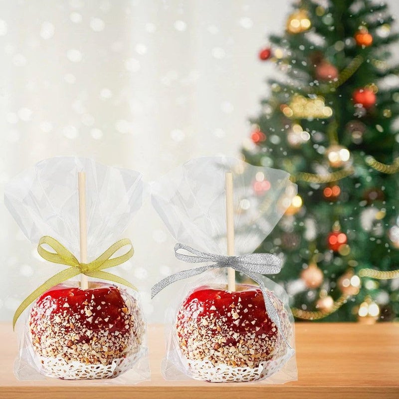 YESTOO 200 Pack Candy Apple Caramel Apple Sticks and Bags,100 Bags,100 Sticks, 50 Yard Gold and Silver Glitter Ribbon Caramel Apple Making kit - Image 5