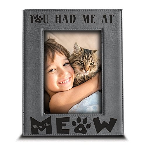 BELLA BUSTA- You Had Me At Meow- Cat Frame-Pet Frame-Engraved Leather Picture Frame(4 x 6 Vertical) - Image 1