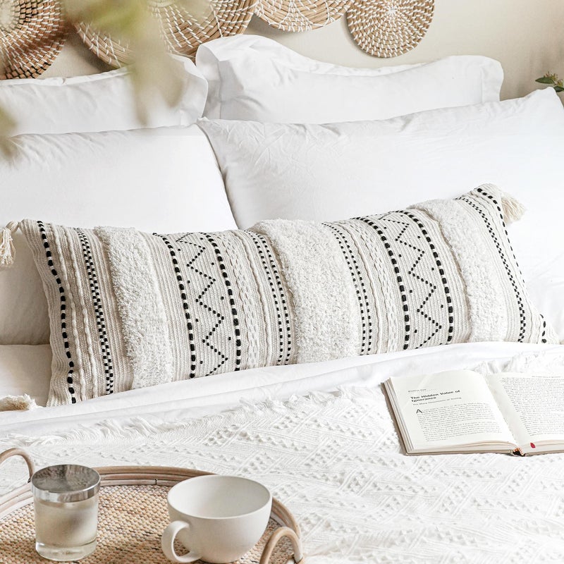 BlissBlush 14x36 Lumbar Pillow Cover for Bed Rectangular Long Decorative Throw Pillowcase Boho Accent Cushion with Black Tufted Pattern and Tassels Cream Neutral Cover Only