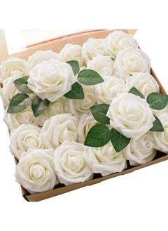 Via Saffi Ramadan Artificial Flowers Real Looking Ivory Foam Fake Roses with Stems for DIY Wedding Bouquets Cream Bridal Centerpieces Arrangements Party Tables Decoration, 25pcs (Cream)  - Image 1
