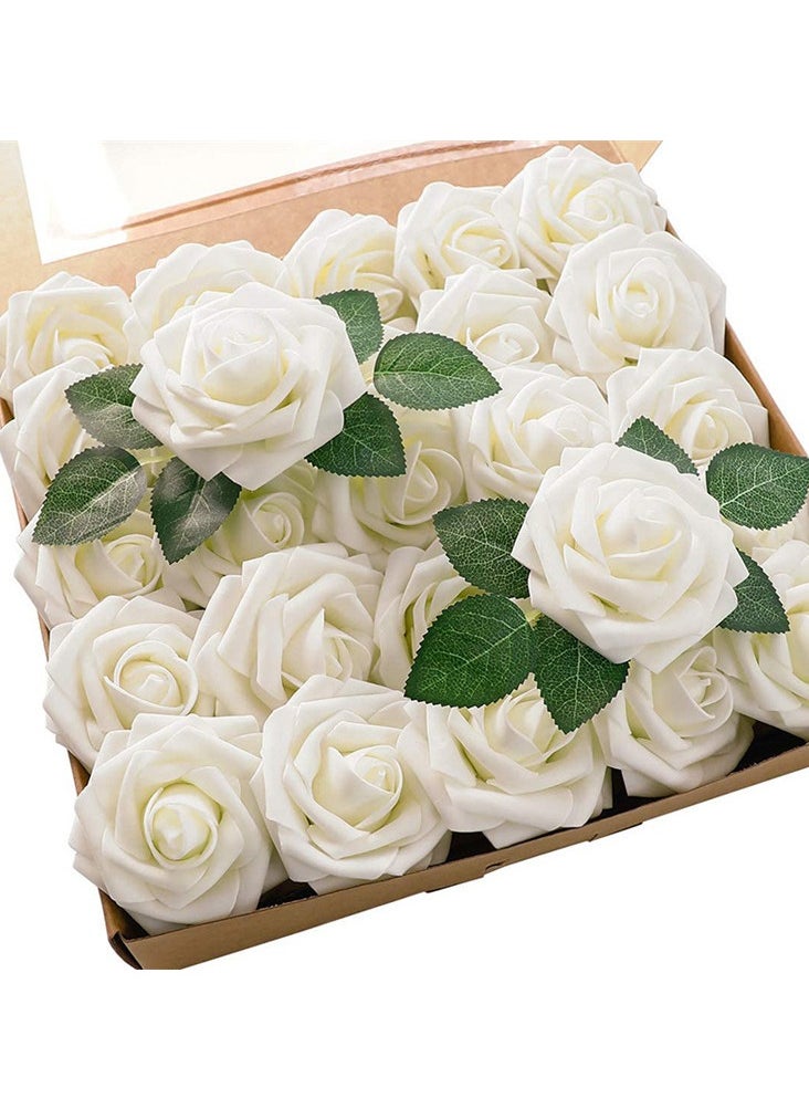 Via Saffi Ramadan Artificial Flowers Real Looking Ivory Foam Fake Roses with Stems for DIY Wedding Bouquets Cream Bridal Centerpieces Arrangements Party Tables Decoration, 25pcs (Cream)  - Image 1