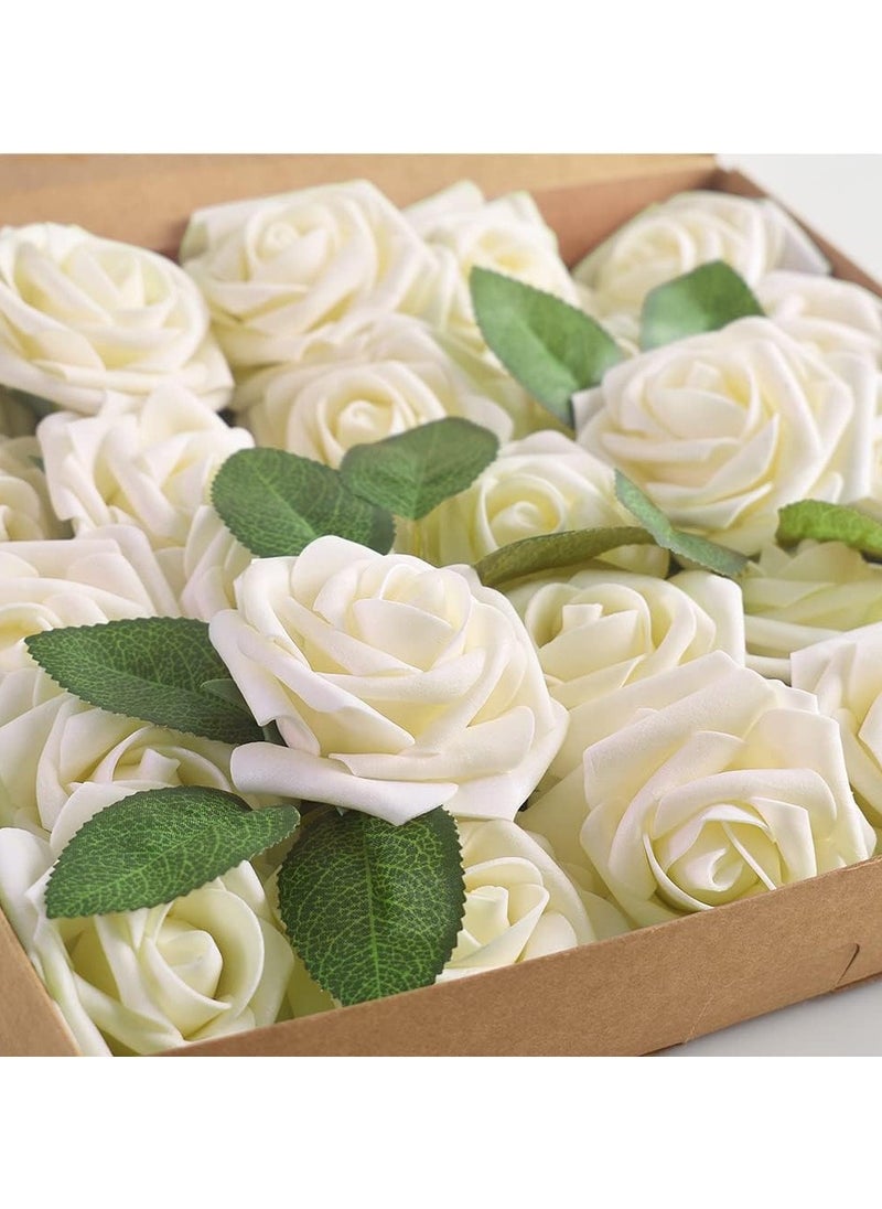 Via Saffi Ramadan Artificial Flowers Real Looking Ivory Foam Fake Roses with Stems for DIY Wedding Bouquets Cream Bridal Centerpieces Arrangements Party Tables Decoration, 25pcs (Cream)  - Image 2