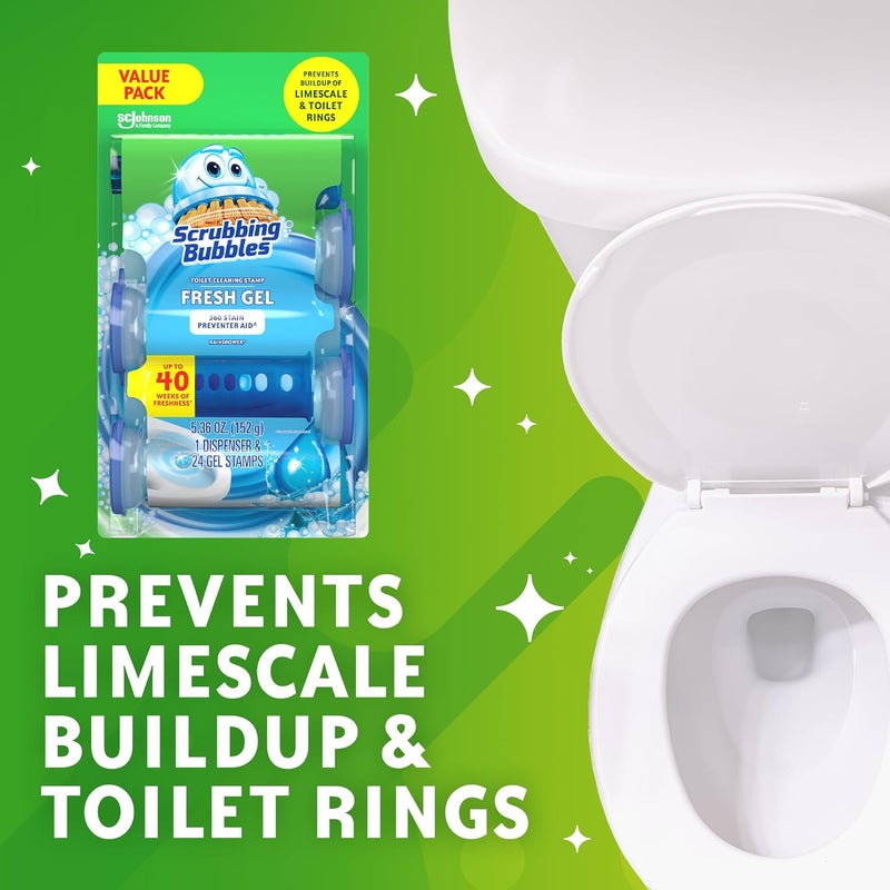 Scrubbing Bubbles Fresh Gel Toilet Bowl Cleaning Stamps, Helps Keep Toilet Clean and Helps Prevent Limescale & Rings, Rainshower Scent, 1 Dispenser with 24 Fresh Gel Stamps - Image 4