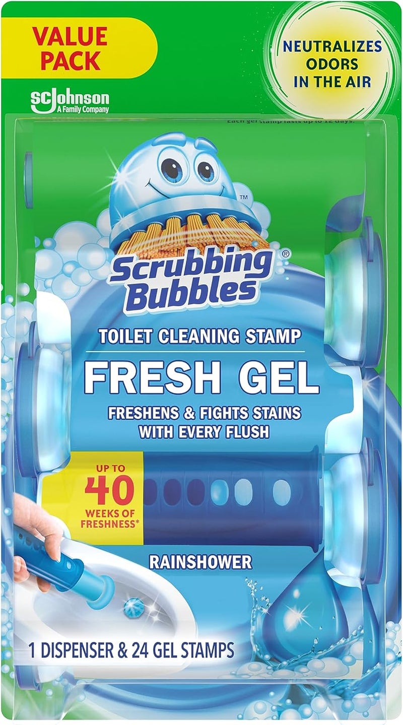 Scrubbing Bubbles Fresh Gel Toilet Bowl Cleaning Stamps, Helps Keep Toilet Clean and Helps Prevent Limescale & Rings, Rainshower Scent, 1 Dispenser with 24 Fresh Gel Stamps - Image 1