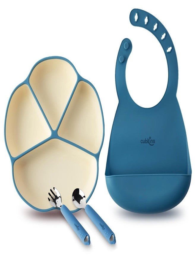 Cubkins Silicone Suction Plate, Bib and Stainless Steel Spoon and Fork Set of 4 for Baby Feeding | BPA Free, Washable and Reusable Feeding Set for Babies & Toddler (Blue Olive) - Image 1