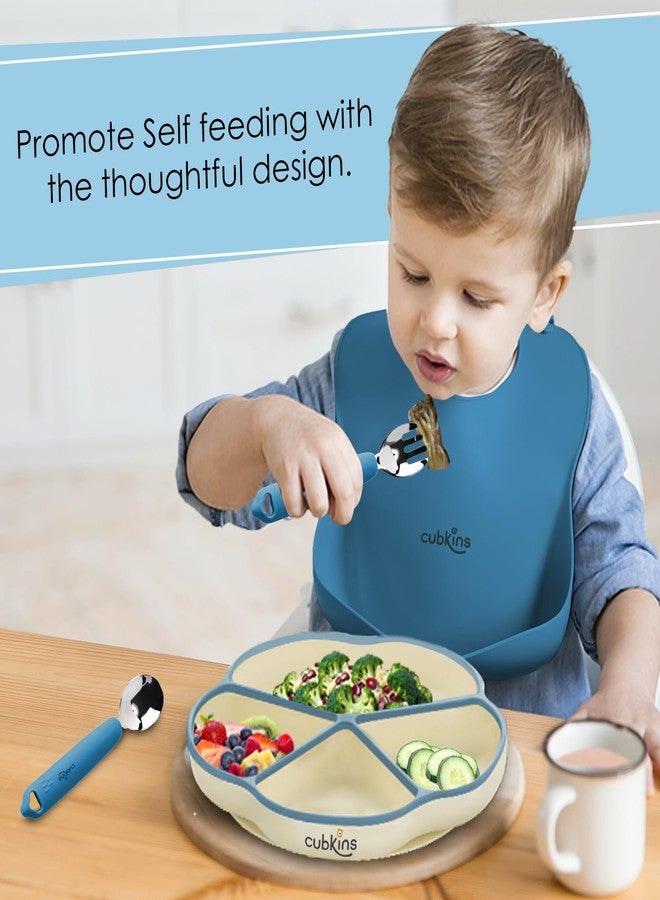 Cubkins Silicone Suction Plate, Bib and Stainless Steel Spoon and Fork Set of 4 for Baby Feeding | BPA Free, Washable and Reusable Feeding Set for Babies & Toddler (Blue Olive) - Image 2