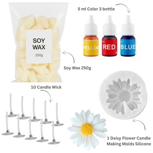 R Wellness Candle Making Kit | Daisy Flower Candle Molds (6.5×6.5×2 cm) with 250g Soy Wax, 10 Wicks & 3 Pigment Colors | DIY Candle Making Supplies Set - Image 2