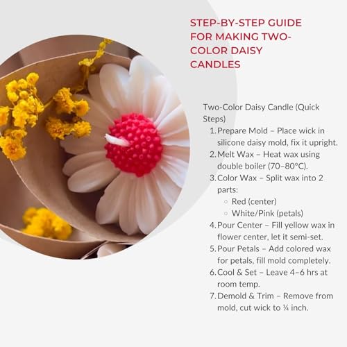 R Wellness Candle Making Kit | Daisy Flower Candle Molds (6.5×6.5×2 cm) with 250g Soy Wax, 10 Wicks & 3 Pigment Colors | DIY Candle Making Supplies Set - Image 5