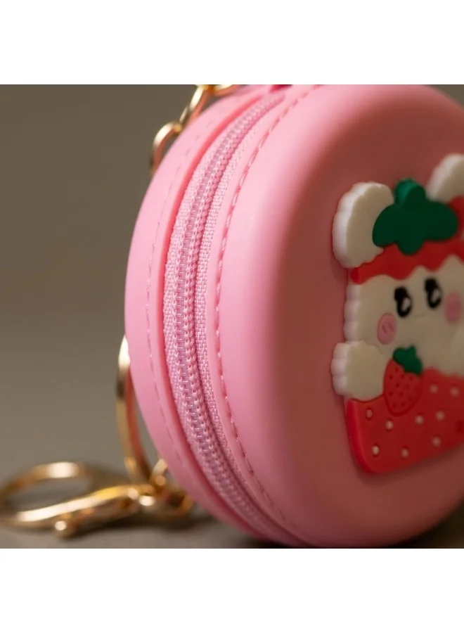 Mobcos Pink Teddy MOBCOS Mini Pouch Keychain – Cute Round Zipper Coin Purse & Multipurpose Mini Storage Bag with Keyring for Coins, Cash, Keys and Small Essentials | Pink Teddy  | Best Price UAE